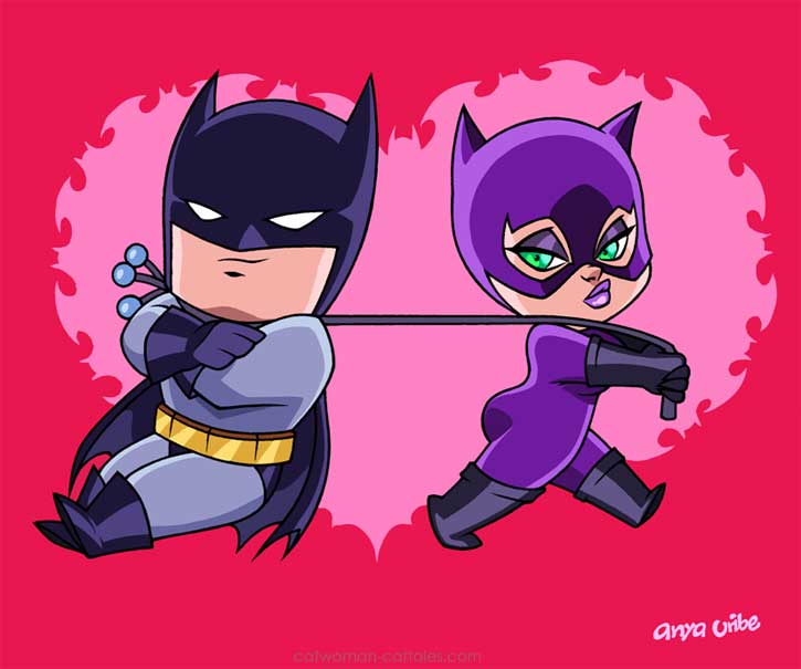Chibi Batman and Catwoman in 'Bat Romance' by Anya Uribe